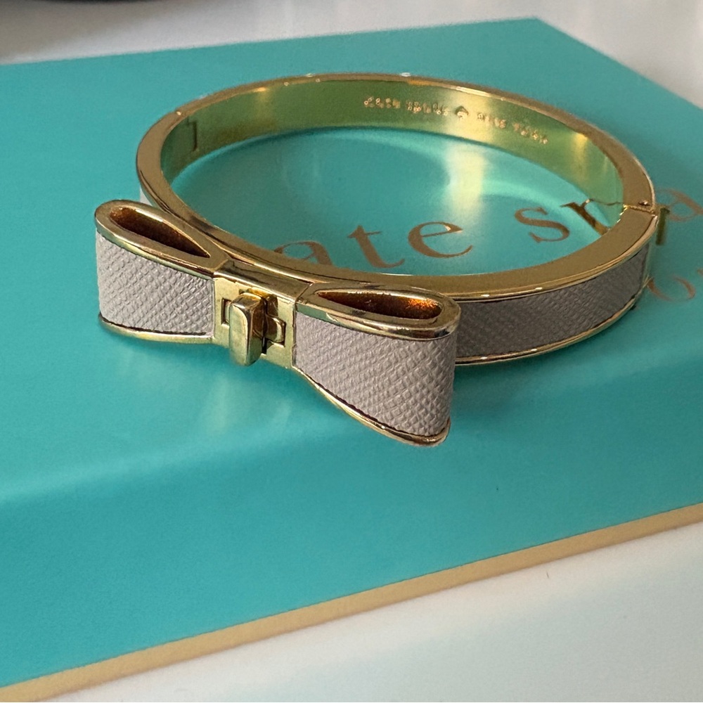 Kate Spade Gold and Beige Leather Bow Bangle